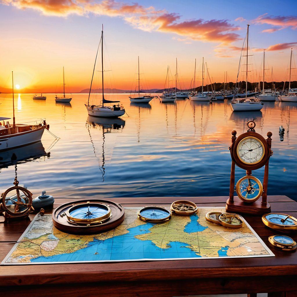 A serene sea landscape with a complete range of nautical equipment and maps spread out on a wooden table. In the background, a tranquil harbor with diverse sailboats and yachts. The sky is painted in sunset hues, casting reflections on the water. A compass lies prominently, emphasizing exploration and adventure. super-realistic. vibrant colors. 3D.