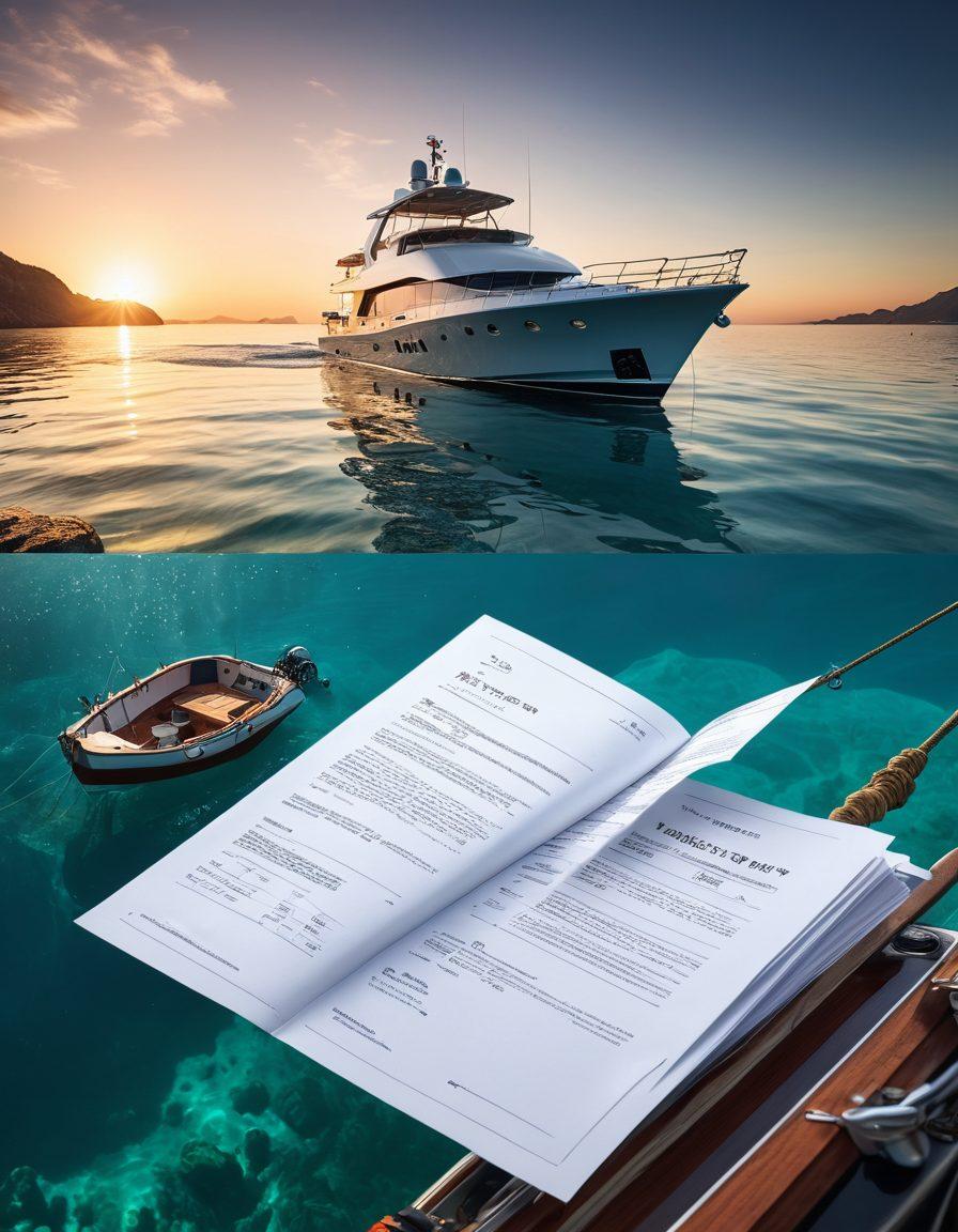 A split-image scene showing the contrast between a luxurious yacht and a rugged fishing boat, both floating on crystal-clear water. Include various marine elements like insurance documents and life vests nearby, symbolizing safety and protection. The sky should be bright with a hint of sunset to reflect serenity. Artistic style should embrace vibrant colors for a captivating look. super-realistic. vibrant colors. crisp details.