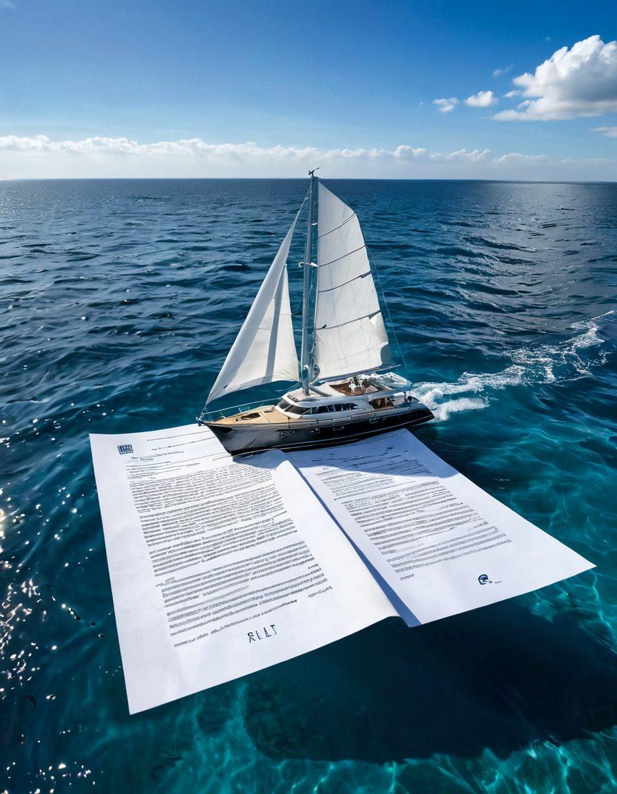 A serene yacht floating on calm blue waters under a bright sunny sky, surrounded by floating insurance policy documents transforming into waves. The yacht should have a sense of luxury and adventure, with a couple enjoying the view, emphasizing the idea of coverage and safety while at sea. Include subtle hints of marine life beneath the surface, symbolizing protection. vibrant colors. super-realistic. white background.